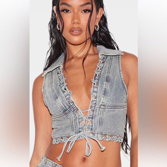 PrettyLittleThing Acid Wash Denim Lace-Up Vest Corset Top US 12 NWT Festival Z - Picture 2 of 9
